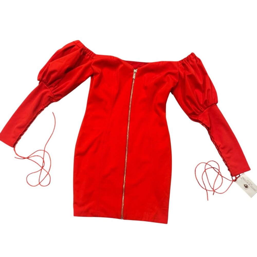 Off-Shoulder Red Dress W/ Puff Sleeves Zip Front Tie Detail Size S Miss Circle P - Picture 7 of 8